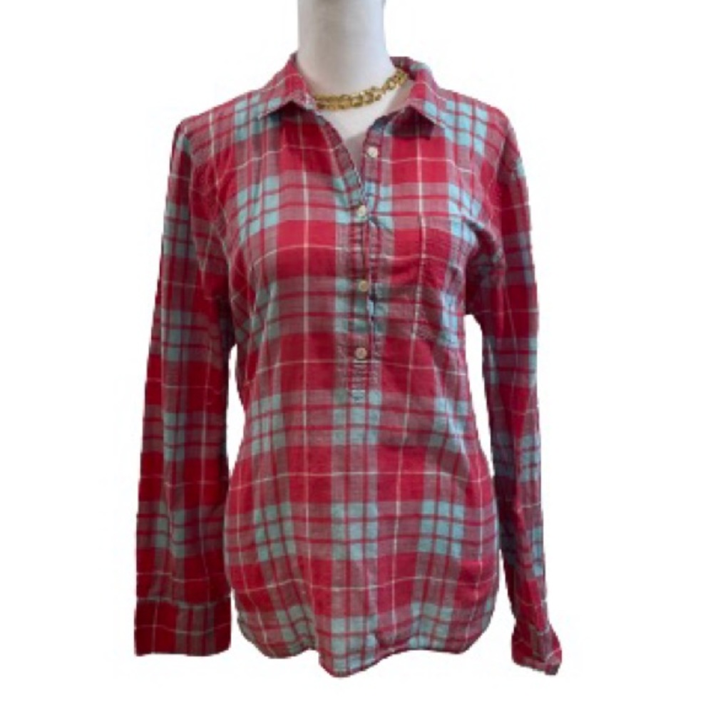 J. Crew Plaid 3/4 Button Pullover Shirt in Shades of Red Pink and Blue